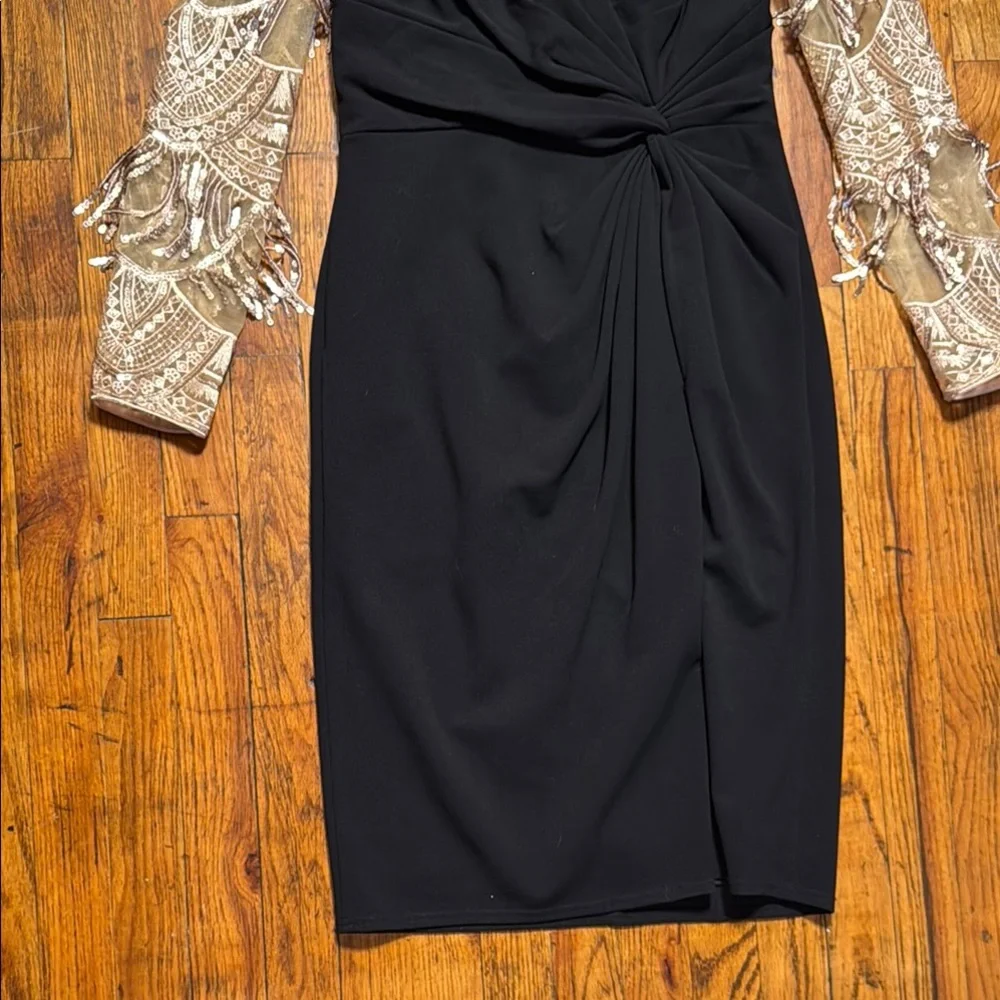 TADASHI SHOJI Women's Alvin Sequin Fringe Statement Sleeves Ruched Black Dress S